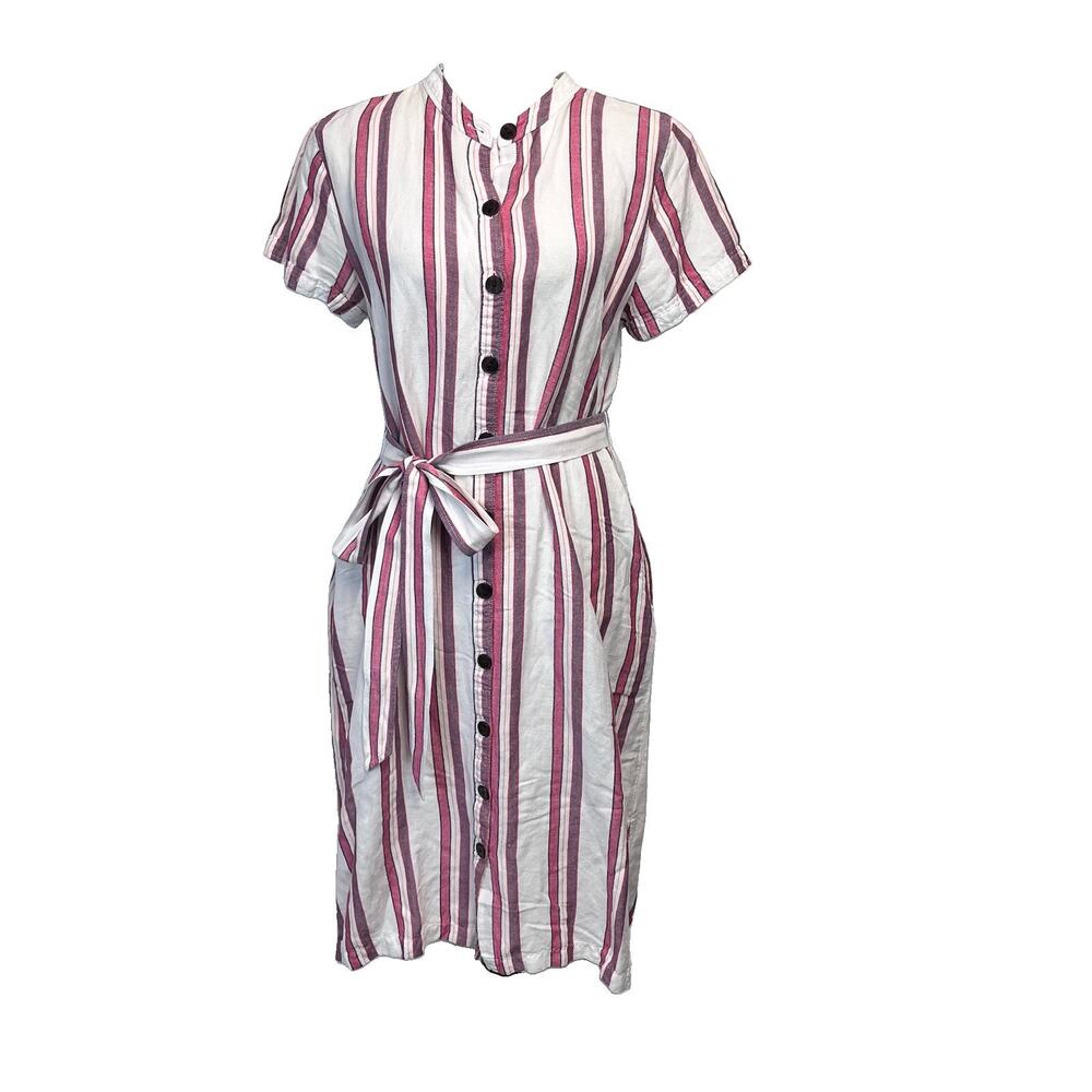 Ann Taylor Loft Button Front Dress sz 8 Tan Red Linen Striped Midi Casual Summer